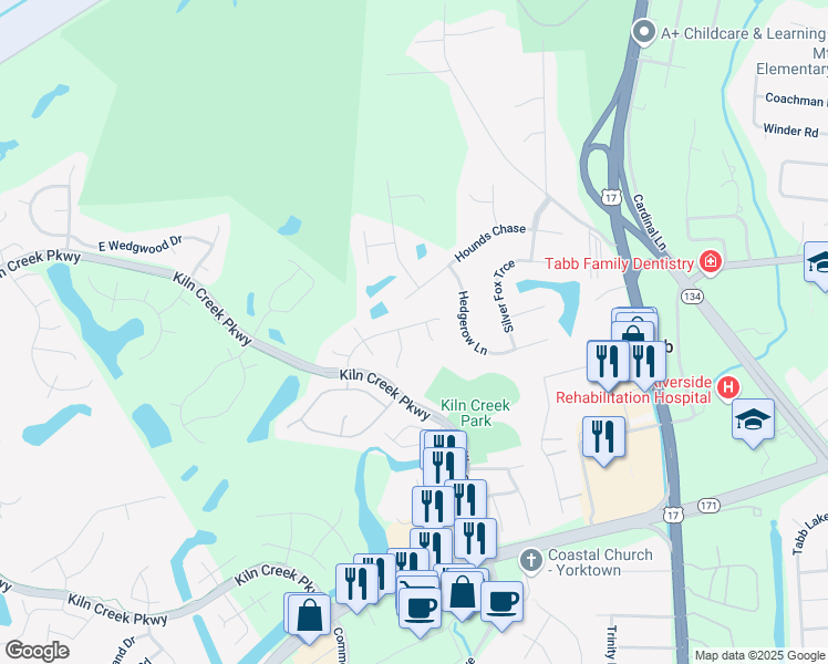 map of restaurants, bars, coffee shops, grocery stores, and more near 120 Aberfeldy Way in Yorktown