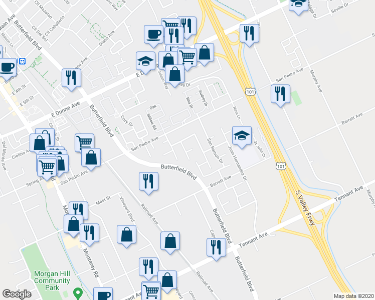 map of restaurants, bars, coffee shops, grocery stores, and more near 693 San Gabriel Court in Morgan Hill