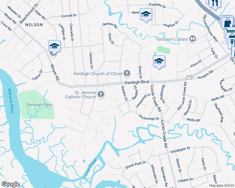map of restaurants, bars, coffee shops, grocery stores, and more near 194 Copley Place in Newport News
