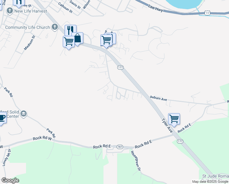 map of restaurants, bars, coffee shops, grocery stores, and more near 36 Gibsondale Drive in Radford
