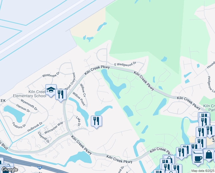 map of restaurants, bars, coffee shops, grocery stores, and more near 1808 Bay Cliff Court in Newport News