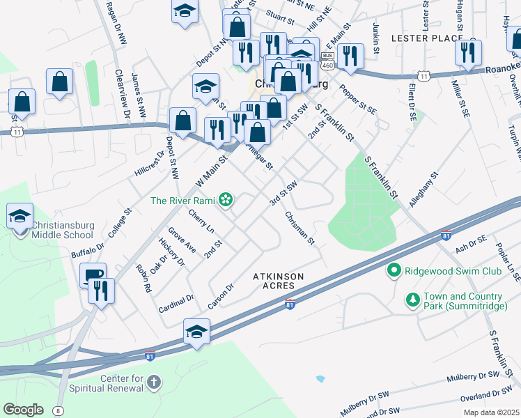 map of restaurants, bars, coffee shops, grocery stores, and more near 407 3rd Street Southwest in Christiansburg