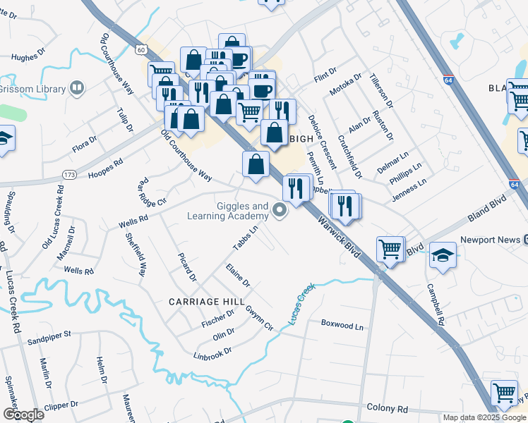 map of restaurants, bars, coffee shops, grocery stores, and more near 347 Tabbs Lane in Newport News