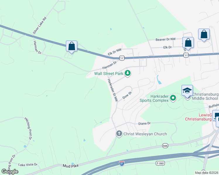 map of restaurants, bars, coffee shops, grocery stores, and more near 190 Harkrader Street Northwest in Christiansburg