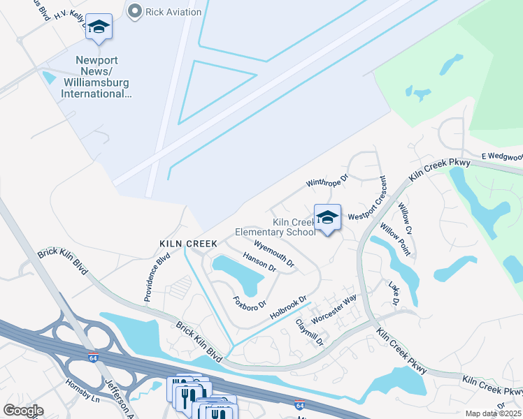 map of restaurants, bars, coffee shops, grocery stores, and more near 1551 Winthrope Drive in Newport News