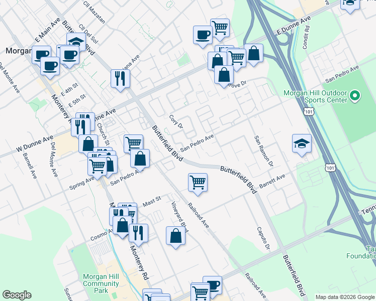 map of restaurants, bars, coffee shops, grocery stores, and more near 410 San Pedro Avenue in Morgan Hill