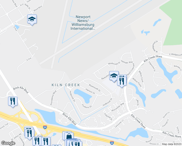 map of restaurants, bars, coffee shops, grocery stores, and more near 1551 Winthrope Drive in Newport News