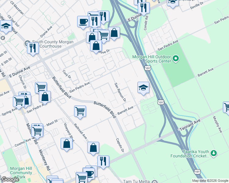 map of restaurants, bars, coffee shops, grocery stores, and more near 703 San Gabriel Avenue in Morgan Hill