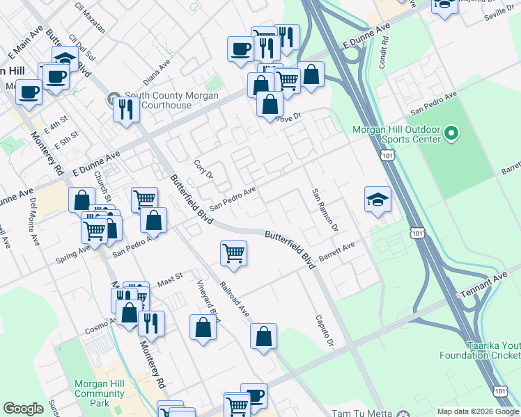 map of restaurants, bars, coffee shops, grocery stores, and more near 580 San Pablo Court in Morgan Hill