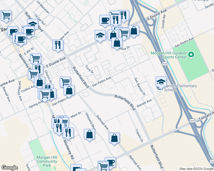 map of restaurants, bars, coffee shops, grocery stores, and more near 16652 Cory Lane in Morgan Hill