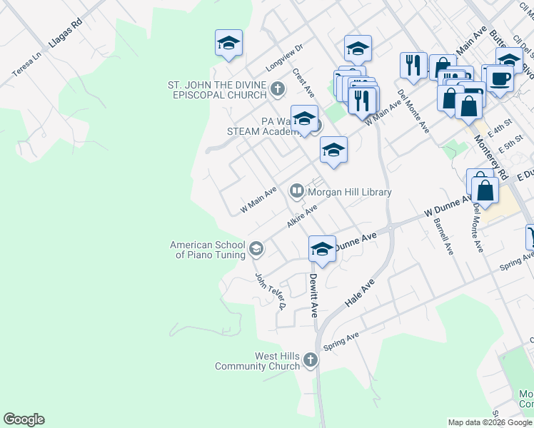 map of restaurants, bars, coffee shops, grocery stores, and more near 867 La Giralda Court in Morgan Hill