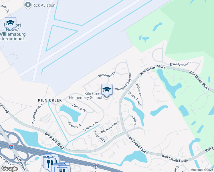 map of restaurants, bars, coffee shops, grocery stores, and more near 1504 Westport Crescent in Newport News