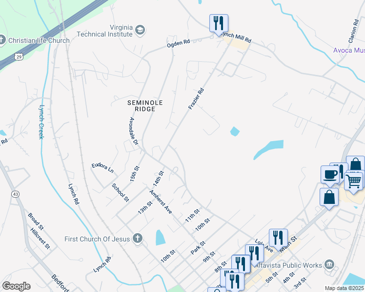 map of restaurants, bars, coffee shops, grocery stores, and more near 1353-1381 Lola Ave in Altavista