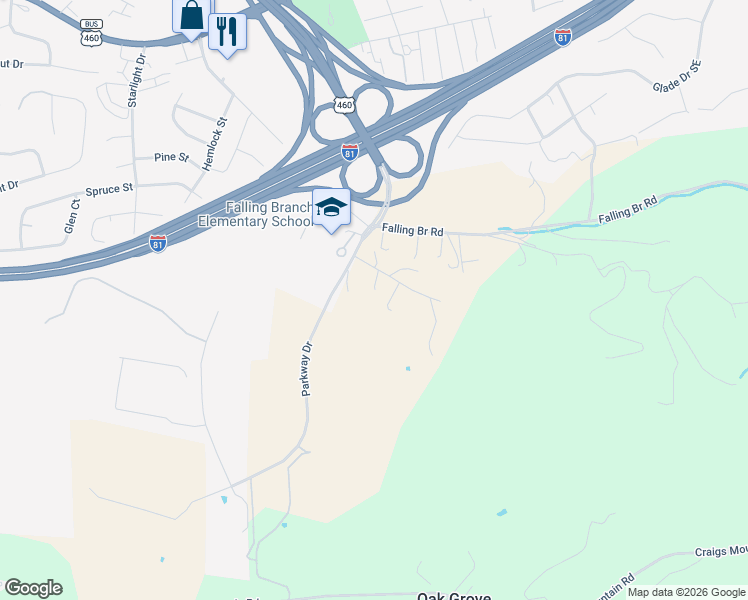 map of restaurants, bars, coffee shops, grocery stores, and more near 1775 White Oak Lane in Christiansburg