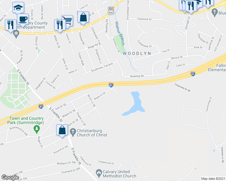 map of restaurants, bars, coffee shops, grocery stores, and more near 445-465 Maple Drive Southeast in Christiansburg