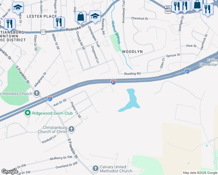 map of restaurants, bars, coffee shops, grocery stores, and more near 445-465 Maple Drive Southeast in Christiansburg