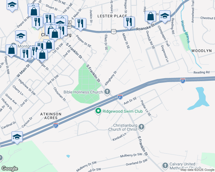 map of restaurants, bars, coffee shops, grocery stores, and more near 602 South Franklin Street in Christiansburg