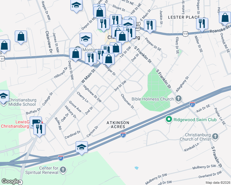 map of restaurants, bars, coffee shops, grocery stores, and more near 404 3rd Street Southwest in Christiansburg