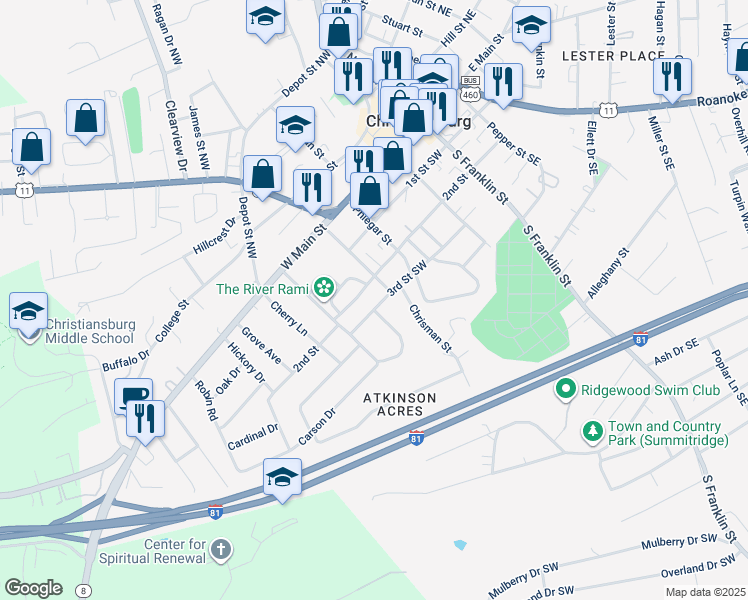 map of restaurants, bars, coffee shops, grocery stores, and more near 407 3rd Street Southwest in Christiansburg