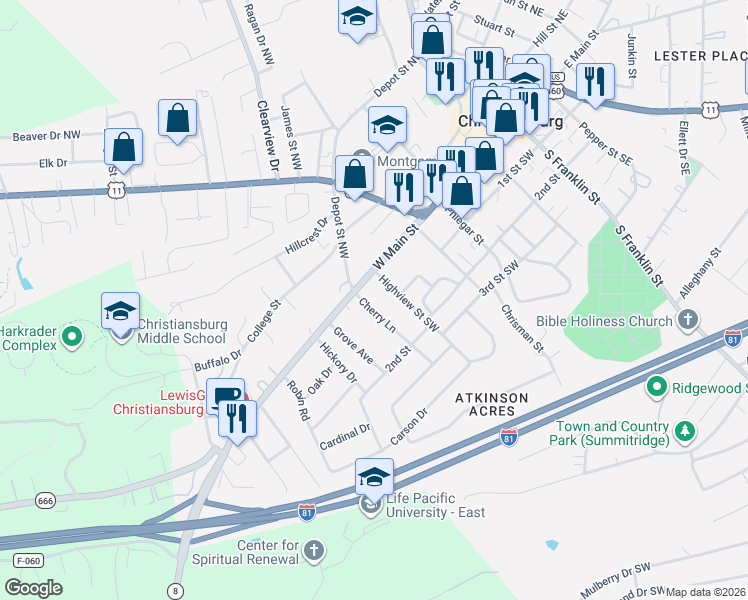 map of restaurants, bars, coffee shops, grocery stores, and more near 50 Cherry Ln in Christiansburg