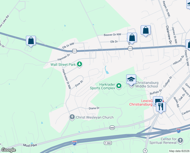 map of restaurants, bars, coffee shops, grocery stores, and more near Chelsea Loop in Christiansburg