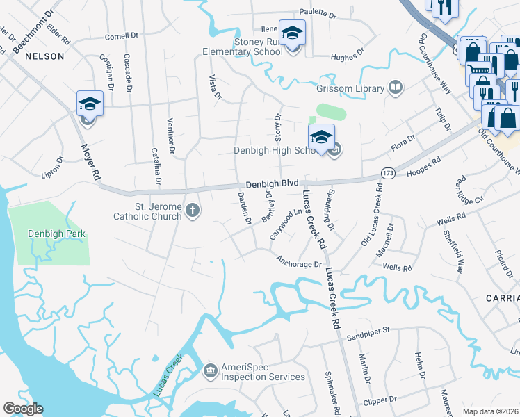 map of restaurants, bars, coffee shops, grocery stores, and more near 209 Bentley Drive in Newport News