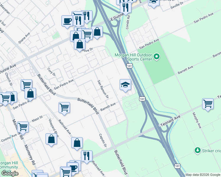 map of restaurants, bars, coffee shops, grocery stores, and more near 16373 Juan Hernandez Drive in Morgan Hill
