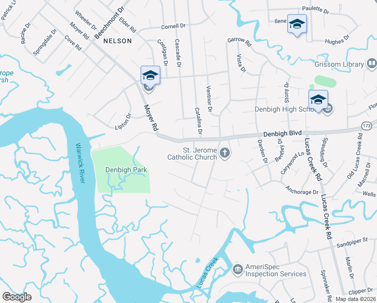 map of restaurants, bars, coffee shops, grocery stores, and more near 8 Evelyn Drive in Newport News