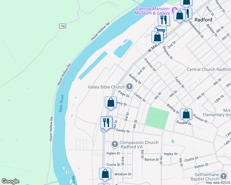 map of restaurants, bars, coffee shops, grocery stores, and more near 1400-1498 1st Street in Radford