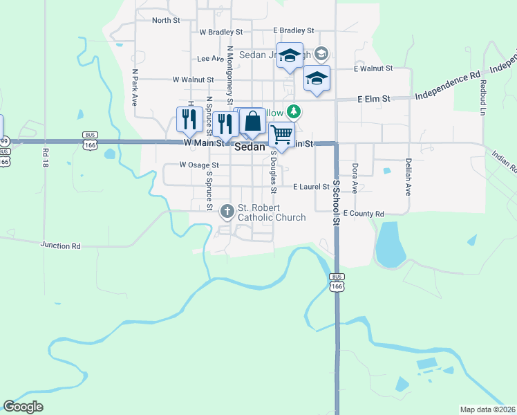 map of restaurants, bars, coffee shops, grocery stores, and more near 101-115 East County Road in Sedan