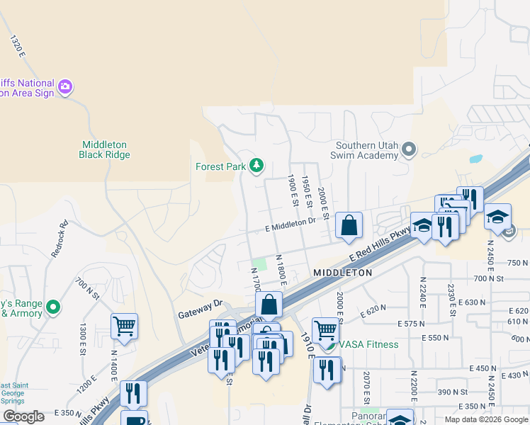 map of restaurants, bars, coffee shops, grocery stores, and more near 933 N 1800 E in St George