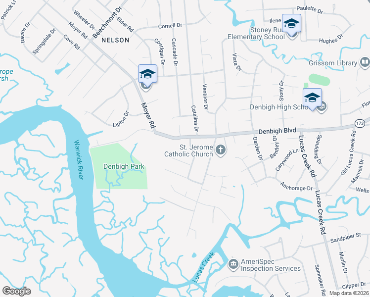 map of restaurants, bars, coffee shops, grocery stores, and more near 8 Evelyn Drive in Newport News