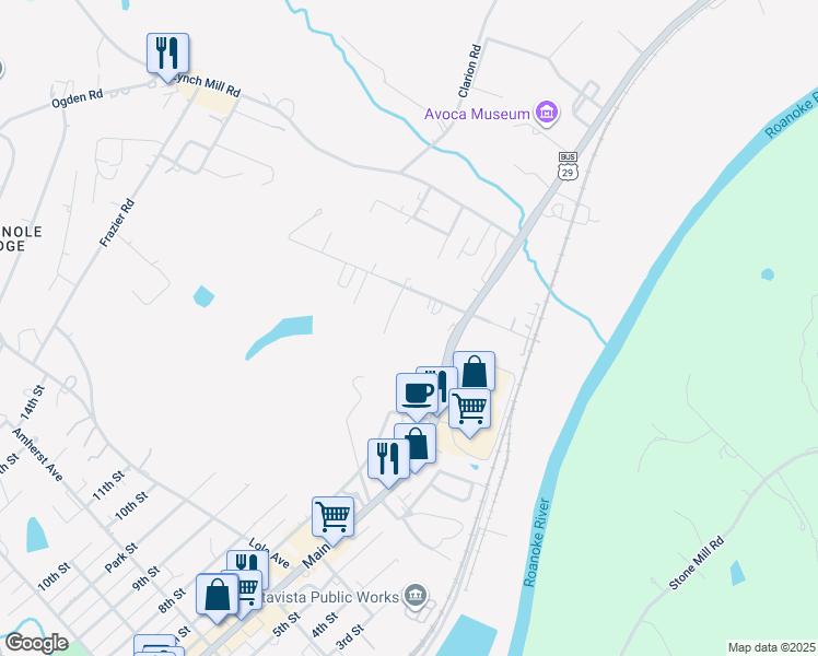 map of restaurants, bars, coffee shops, grocery stores, and more near 608 Riverview Drive in Altavista