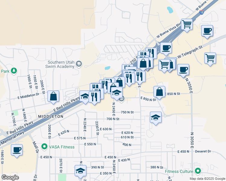 map of restaurants, bars, coffee shops, grocery stores, and more near 850 North 2450 East in St. George