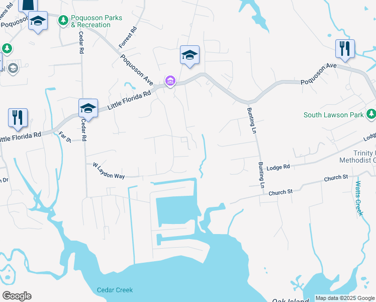map of restaurants, bars, coffee shops, grocery stores, and more near 4 Dryden Farm Lane in Poquoson