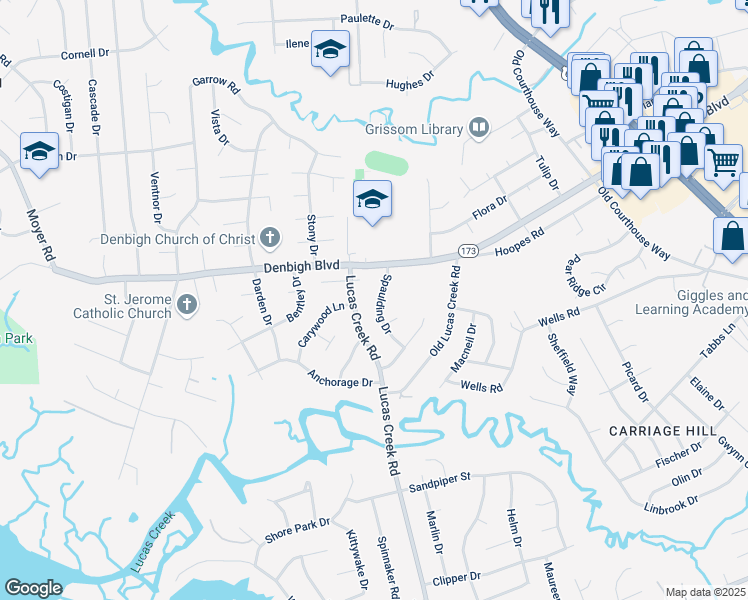map of restaurants, bars, coffee shops, grocery stores, and more near 187 Spaulding Drive in Newport News