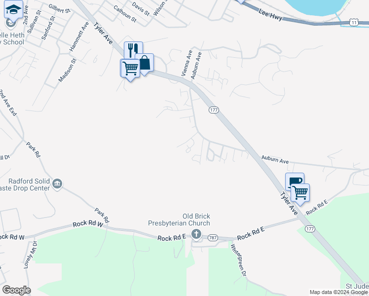 map of restaurants, bars, coffee shops, grocery stores, and more near 208 Ridgewood Lane in Radford