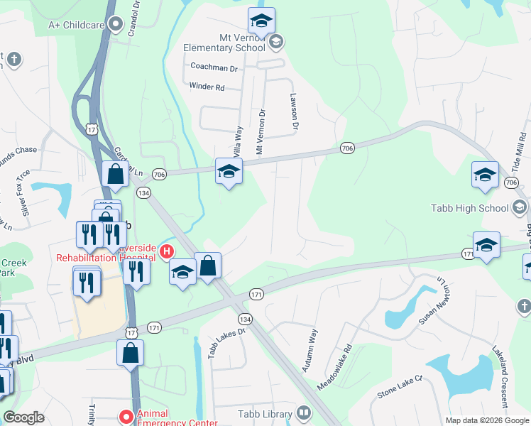 map of restaurants, bars, coffee shops, grocery stores, and more near 200 Greenland Drive in Yorktown