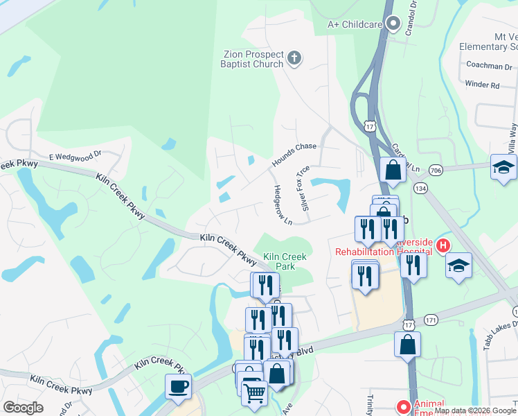 map of restaurants, bars, coffee shops, grocery stores, and more near 103 Seagrams Court in Yorktown