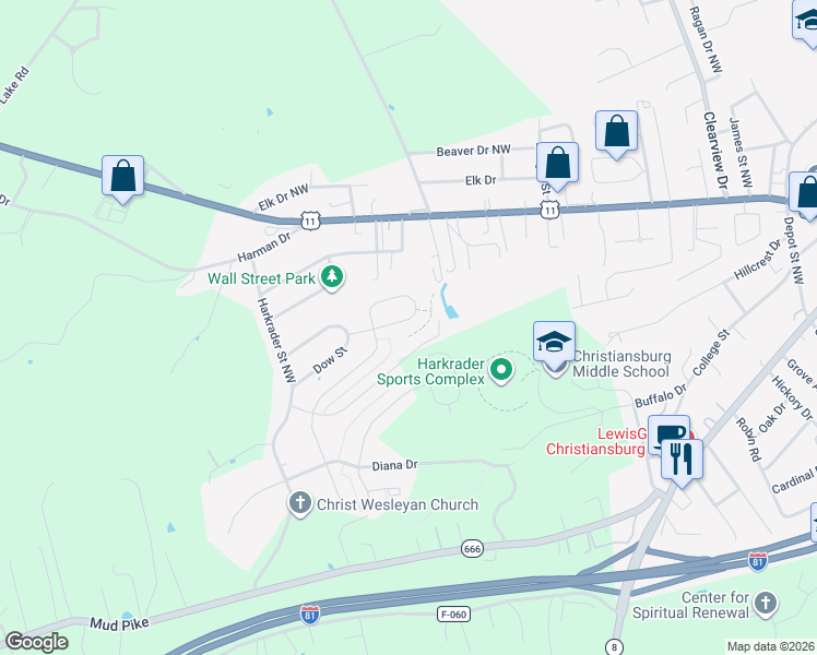 map of restaurants, bars, coffee shops, grocery stores, and more near Chelsea Loop in Christiansburg