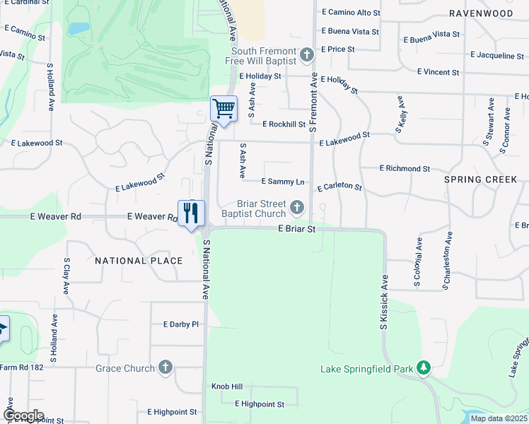 map of restaurants, bars, coffee shops, grocery stores, and more near 1333 East Briar Street in Springfield
