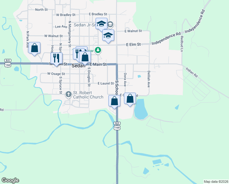 map of restaurants, bars, coffee shops, grocery stores, and more near East County Road in Sedan