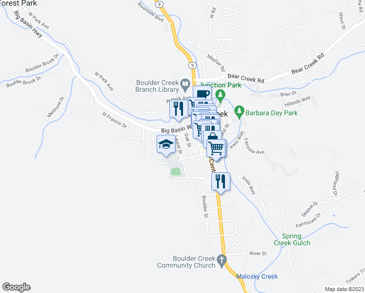 map of restaurants, bars, coffee shops, grocery stores, and more near 13095 Oak Street in Boulder Creek