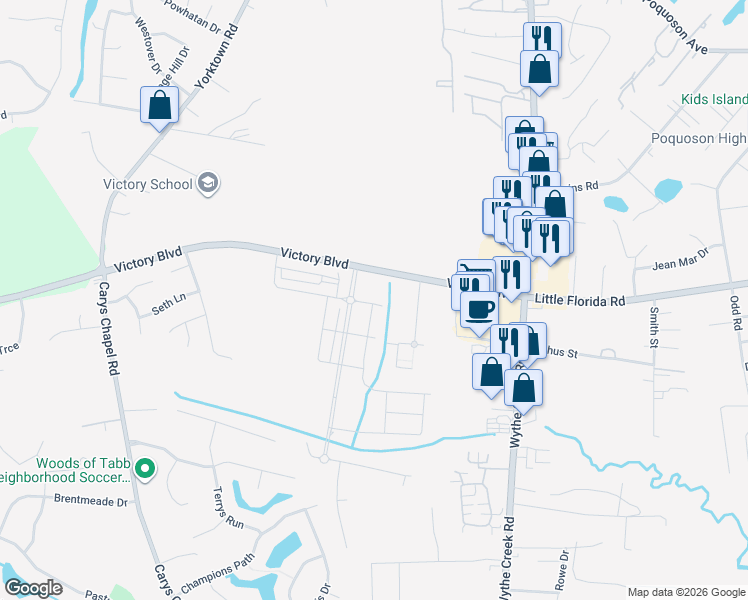 map of restaurants, bars, coffee shops, grocery stores, and more near 400 City Hall Avenue in Poquoson