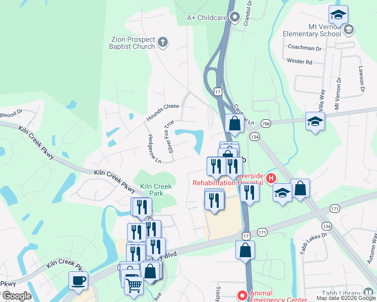map of restaurants, bars, coffee shops, grocery stores, and more near 210 Hedgerow Lane in Yorktown