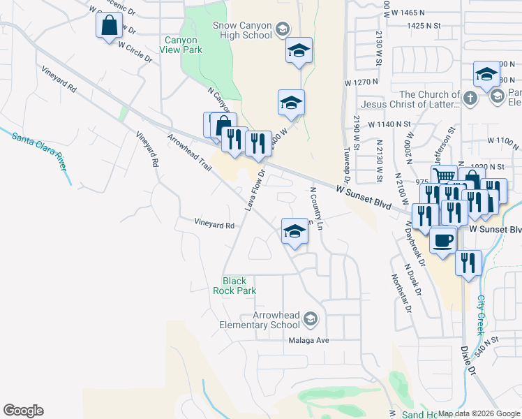 map of restaurants, bars, coffee shops, grocery stores, and more near 2186 Arrowhead Trail in Santa Clara