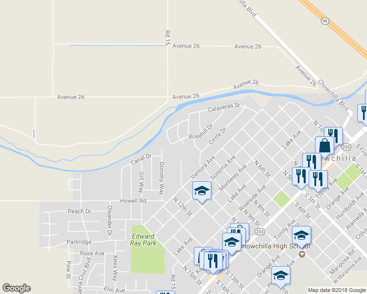 map of restaurants, bars, coffee shops, grocery stores, and more near 893 Michelle Court in Chowchilla