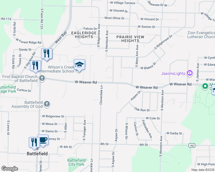 map of restaurants, bars, coffee shops, grocery stores, and more near 5028 South Cloverdale Lane in Battlefield
