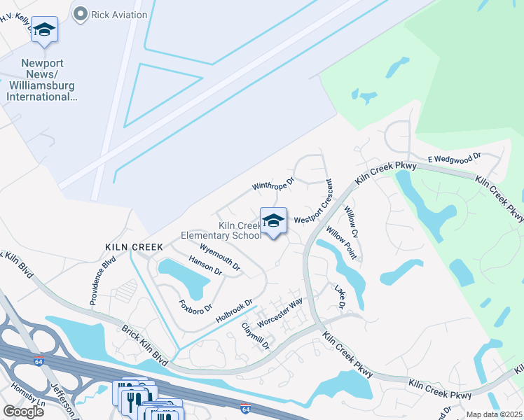 map of restaurants, bars, coffee shops, grocery stores, and more near 1491 Berkshire Drive in Newport News