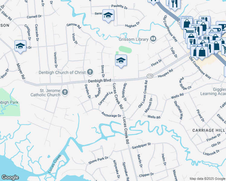 map of restaurants, bars, coffee shops, grocery stores, and more near 728 Lucas Creek Road in Newport News